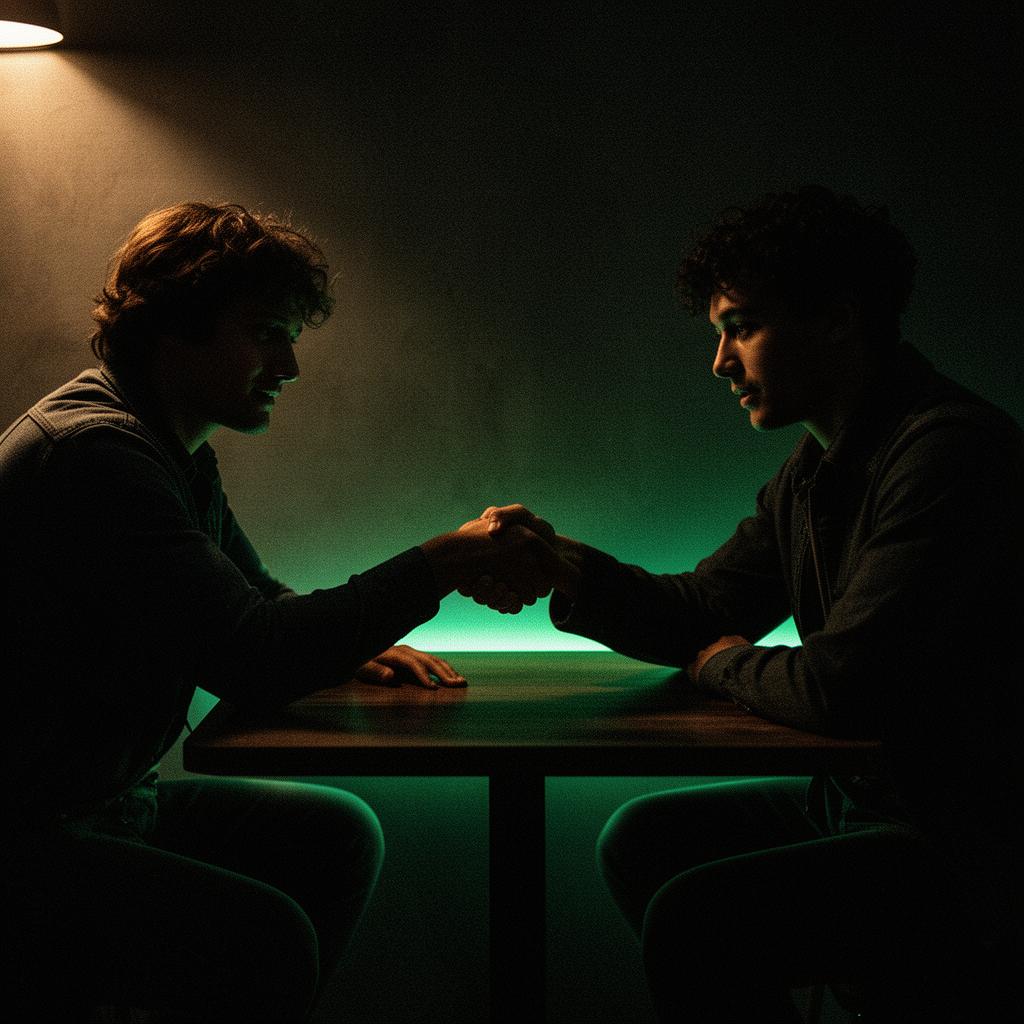 Two friends shaking hands across a table to seal a bet